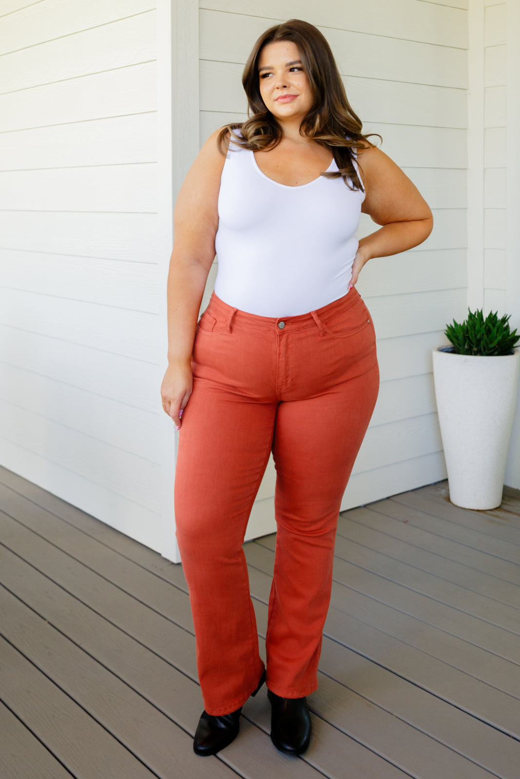 Autumn Mid Rise Slim Jeans in Terracotta