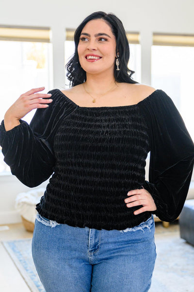 Believe In Miracles Smocked Velvet Top In Black - KASH'S BOUTIQUE