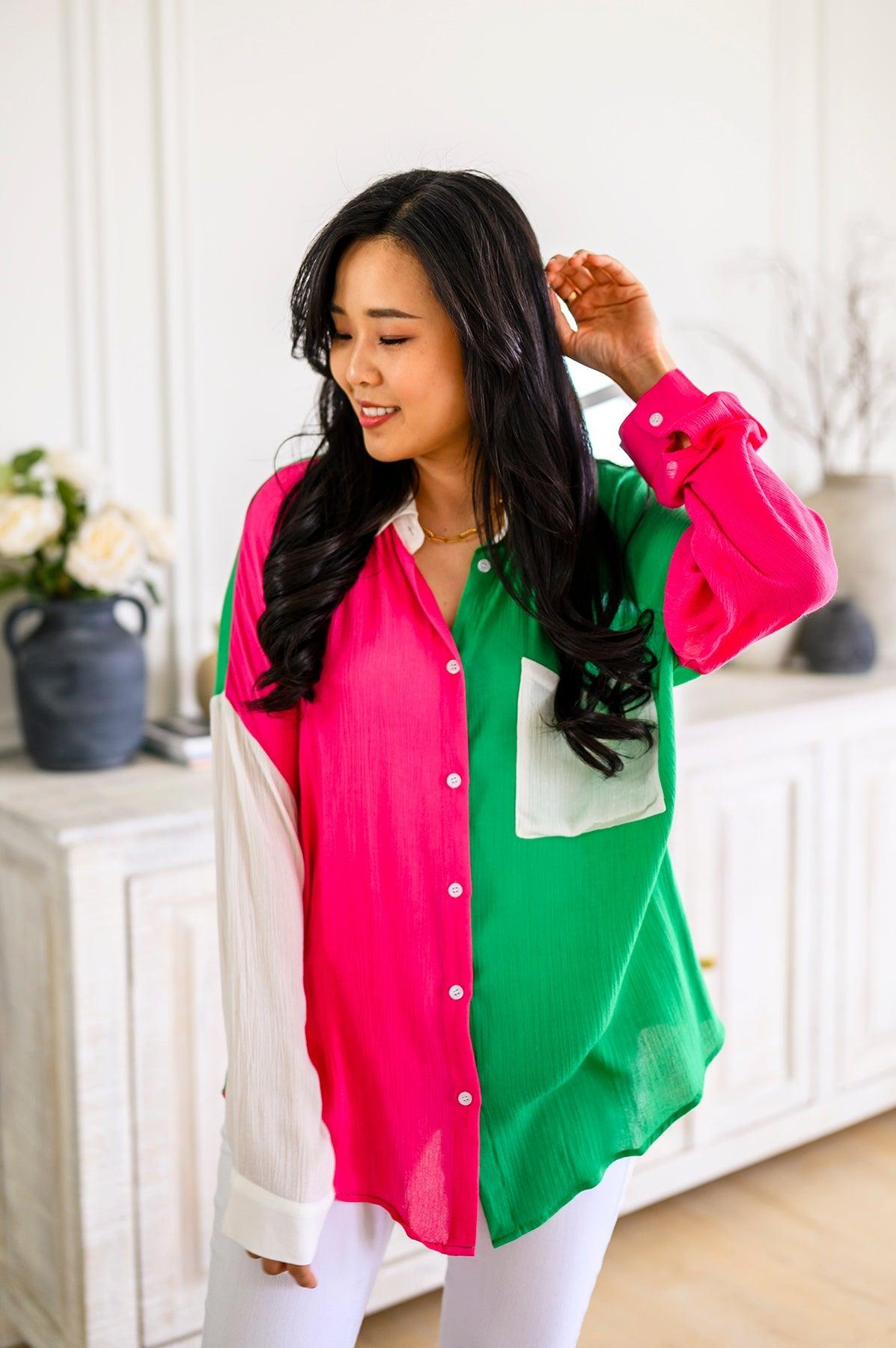 Capture the Day Two Toned Button Up Kelly - KASH'S BOUTIQUE