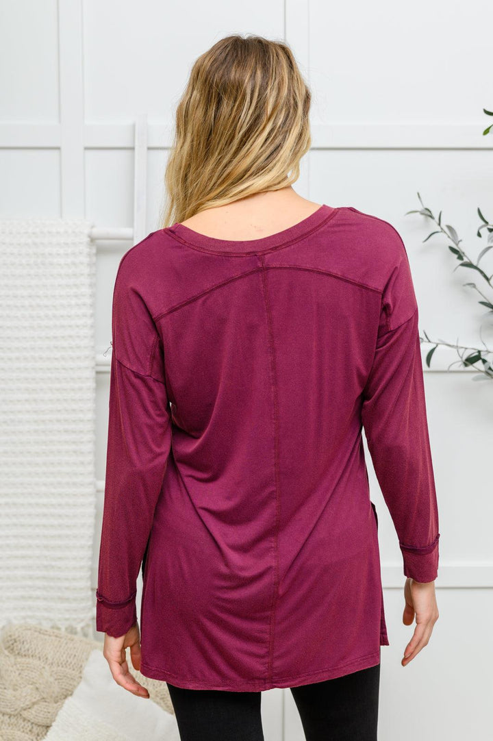 Long Sleeve Knit Top With Pocket In Burgundy - KASH'S BOUTIQUE