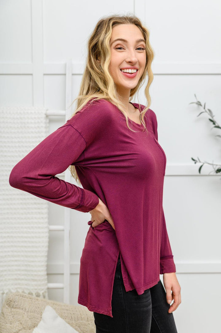 Long Sleeve Knit Top With Pocket In Burgundy - KASH'S BOUTIQUE