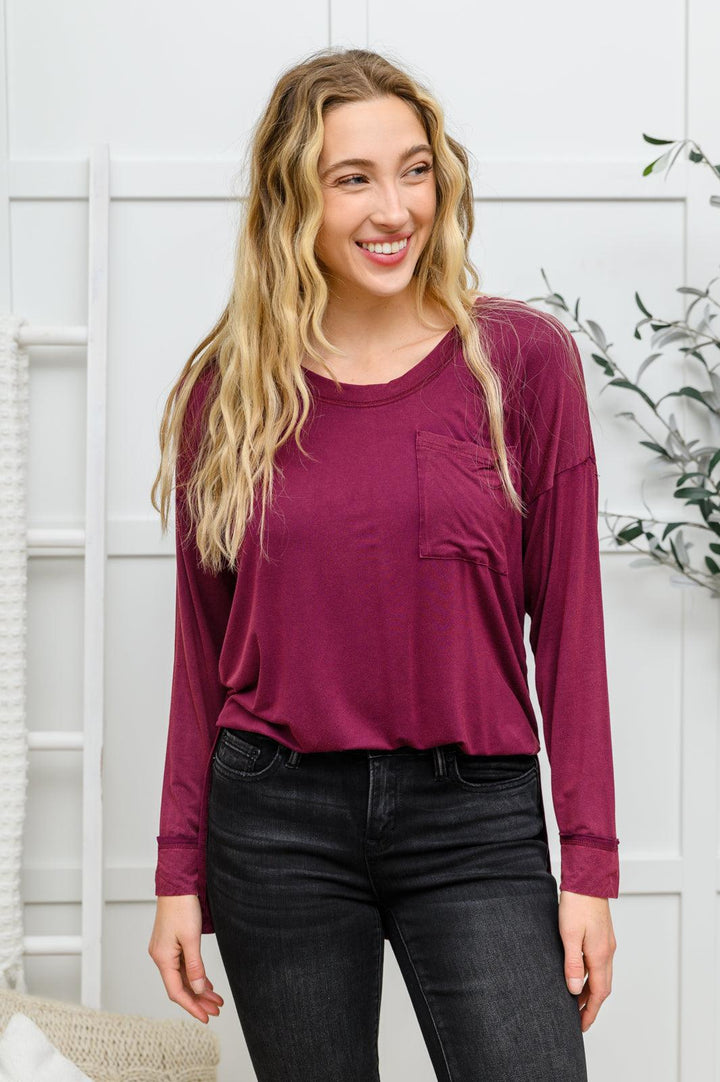 Long Sleeve Knit Top With Pocket In Burgundy - KASH'S BOUTIQUE