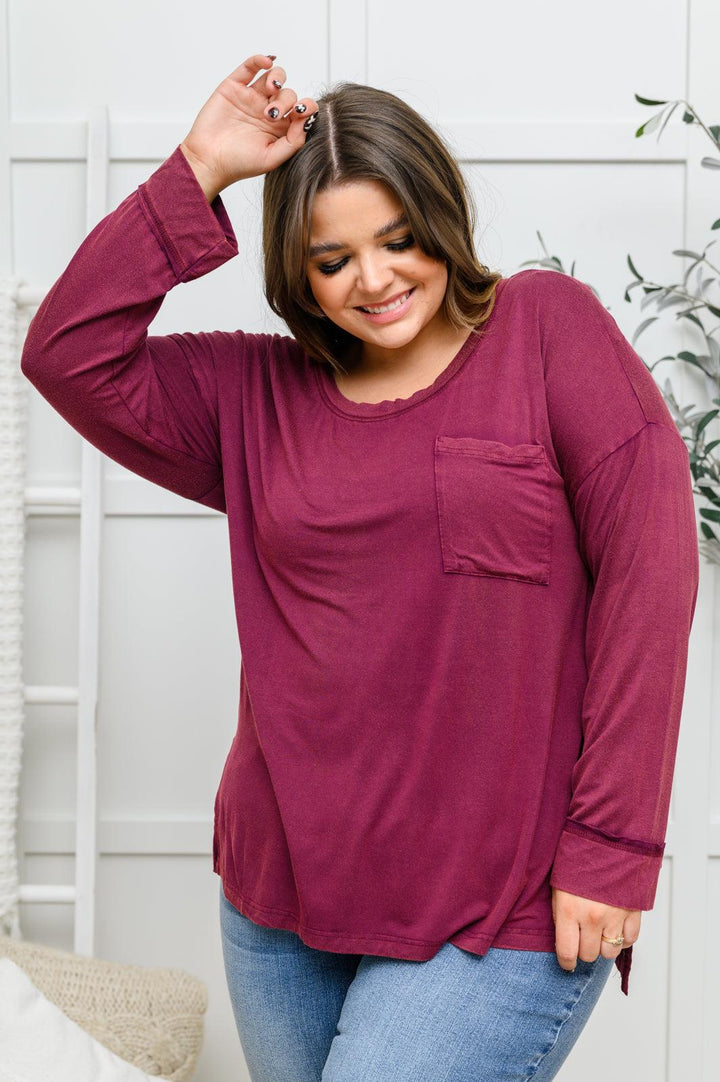 Long Sleeve Knit Top With Pocket In Burgundy - KASH'S BOUTIQUE