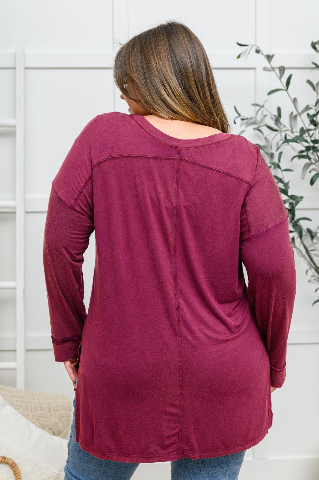 Long Sleeve Knit Top With Pocket In Burgundy - KASH'S BOUTIQUE