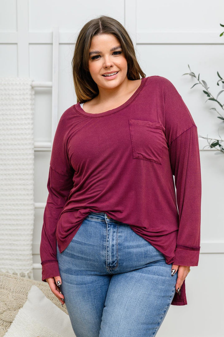 Long Sleeve Knit Top With Pocket In Burgundy - KASH'S BOUTIQUE