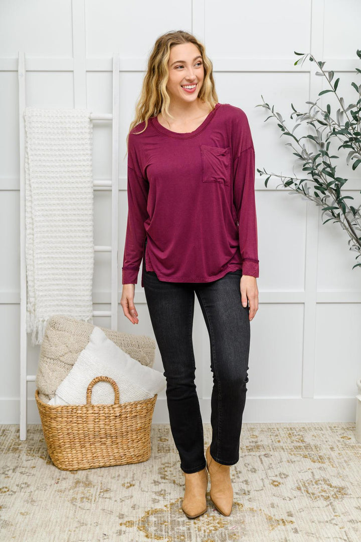 Long Sleeve Knit Top With Pocket In Burgundy - KASH'S BOUTIQUE