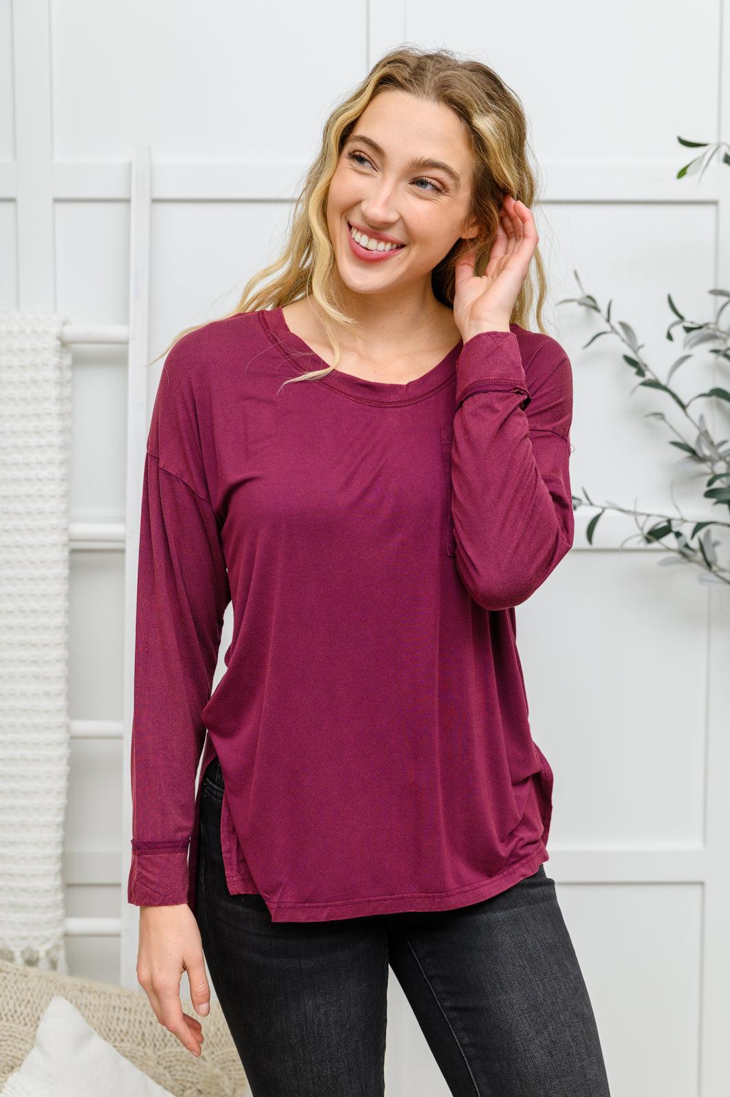 Long Sleeve Knit Top With Pocket In Burgundy - KASH'S BOUTIQUE