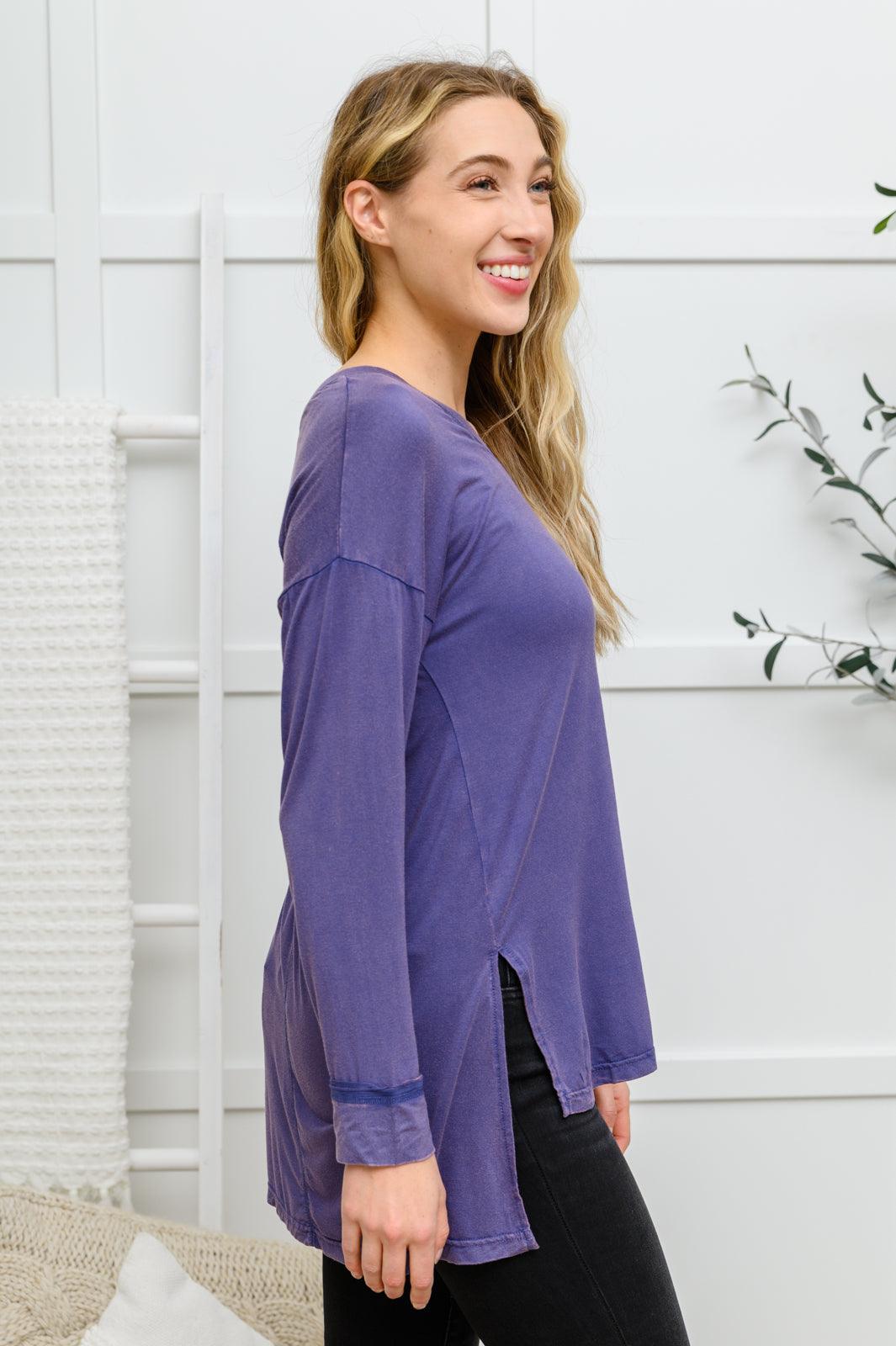 Long Sleeve Knit Top With Pocket In Blue - KASH'S BOUTIQUE