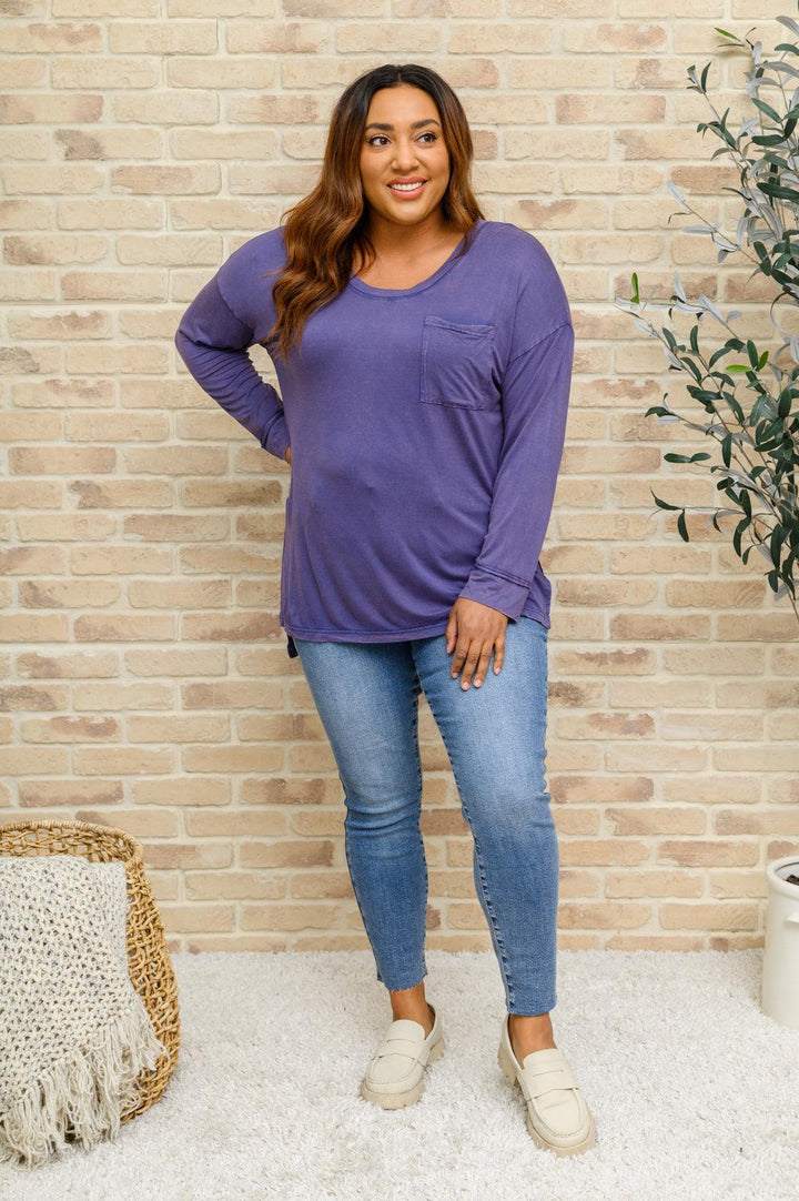 Long Sleeve Knit Top With Pocket In Blue - KASH'S BOUTIQUE