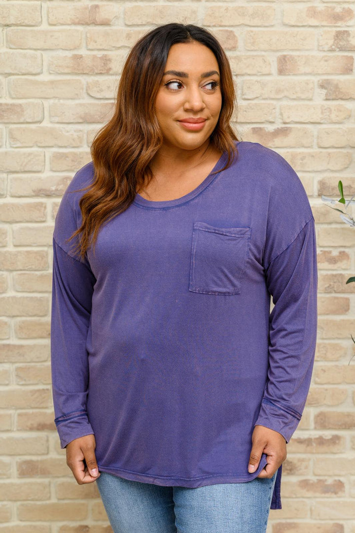 Long Sleeve Knit Top With Pocket In Blue - KASH'S BOUTIQUE