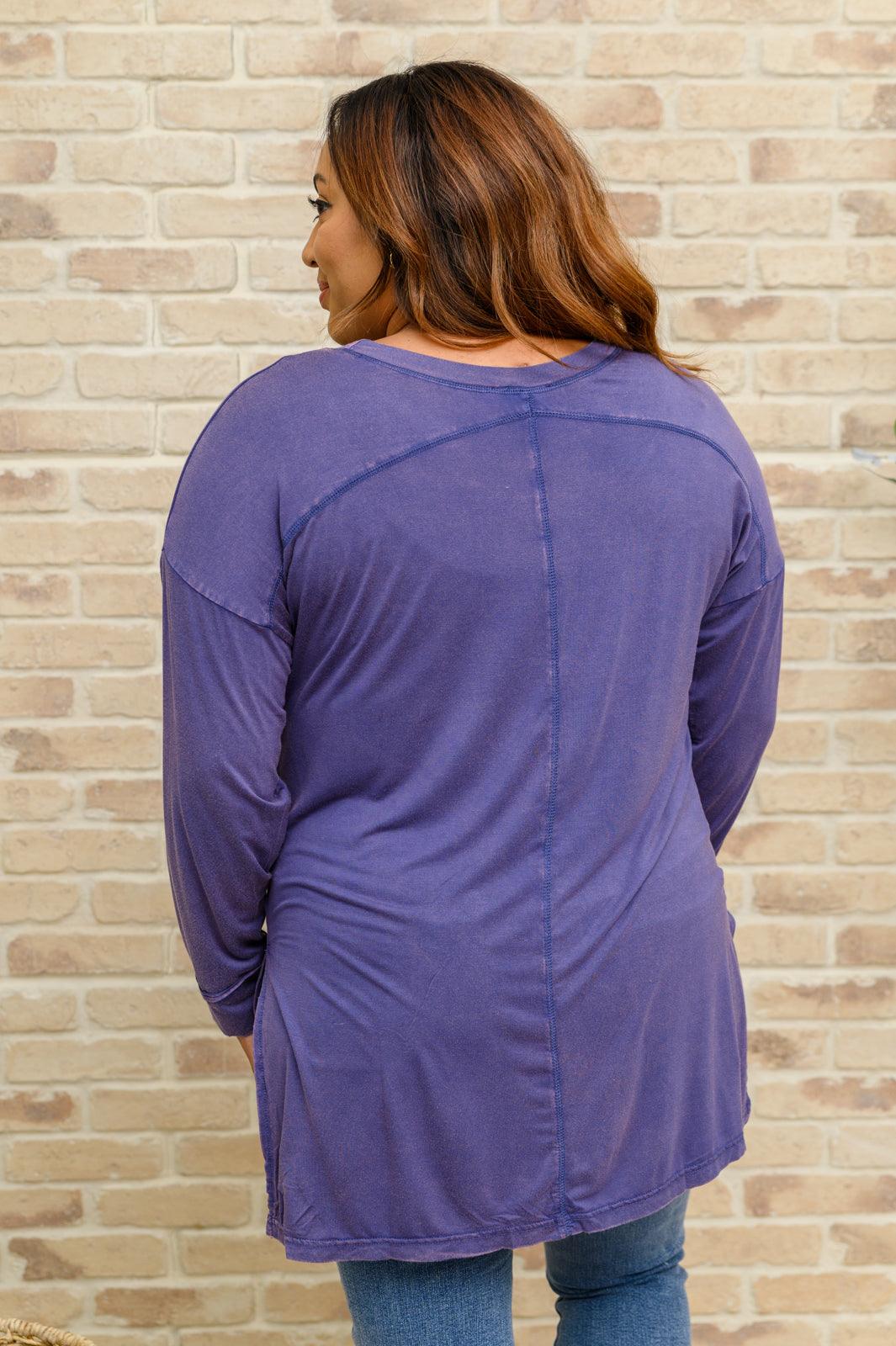 Long Sleeve Knit Top With Pocket In Blue - KASH'S BOUTIQUE