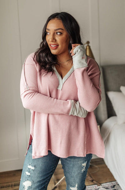 Mia Waffle Knit Long Sleeve In Pink - KASH'S BOUTIQUE