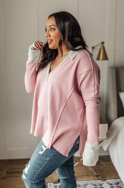 Mia Waffle Knit Long Sleeve In Pink - KASH'S BOUTIQUE