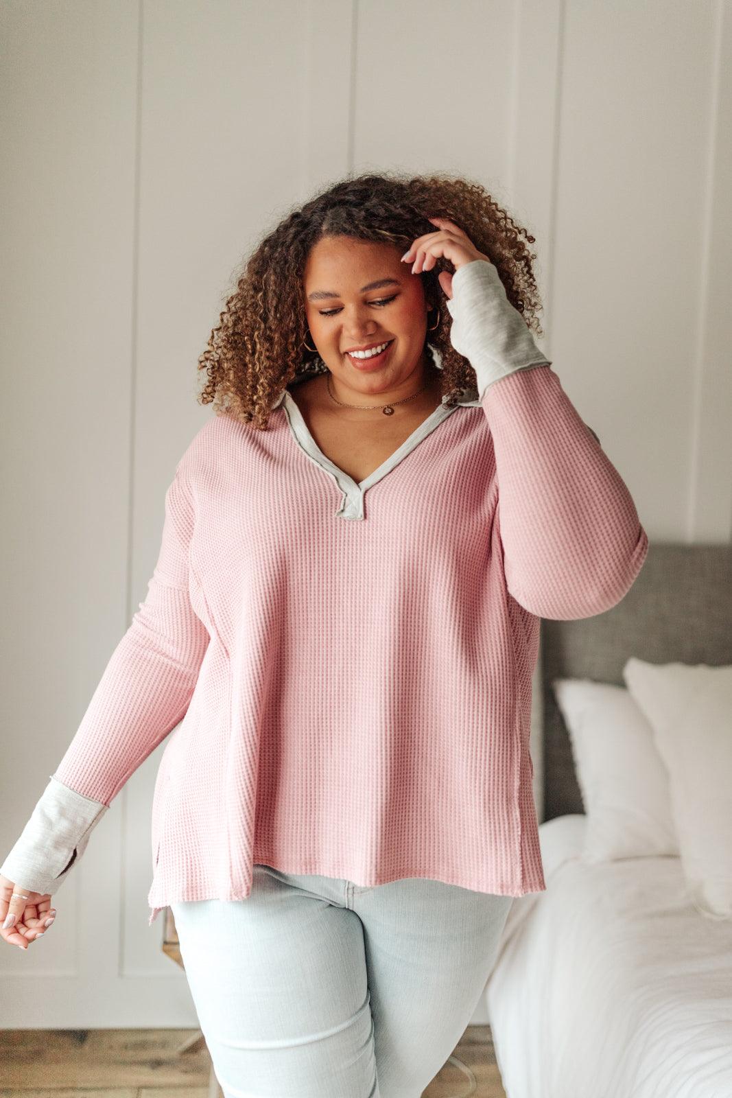 Mia Waffle Knit Long Sleeve In Pink - KASH'S BOUTIQUE