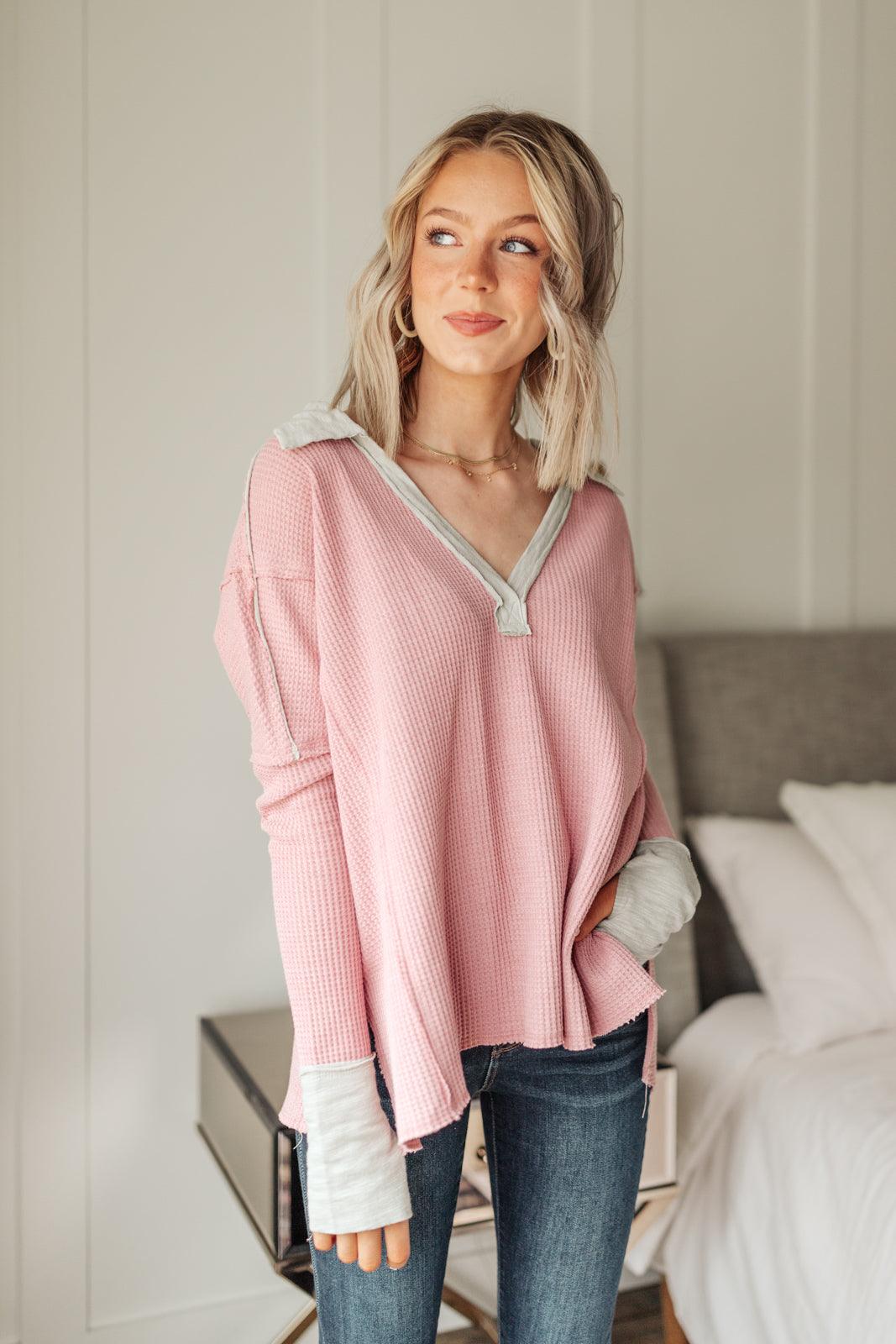 Mia Waffle Knit Long Sleeve In Pink - KASH'S BOUTIQUE