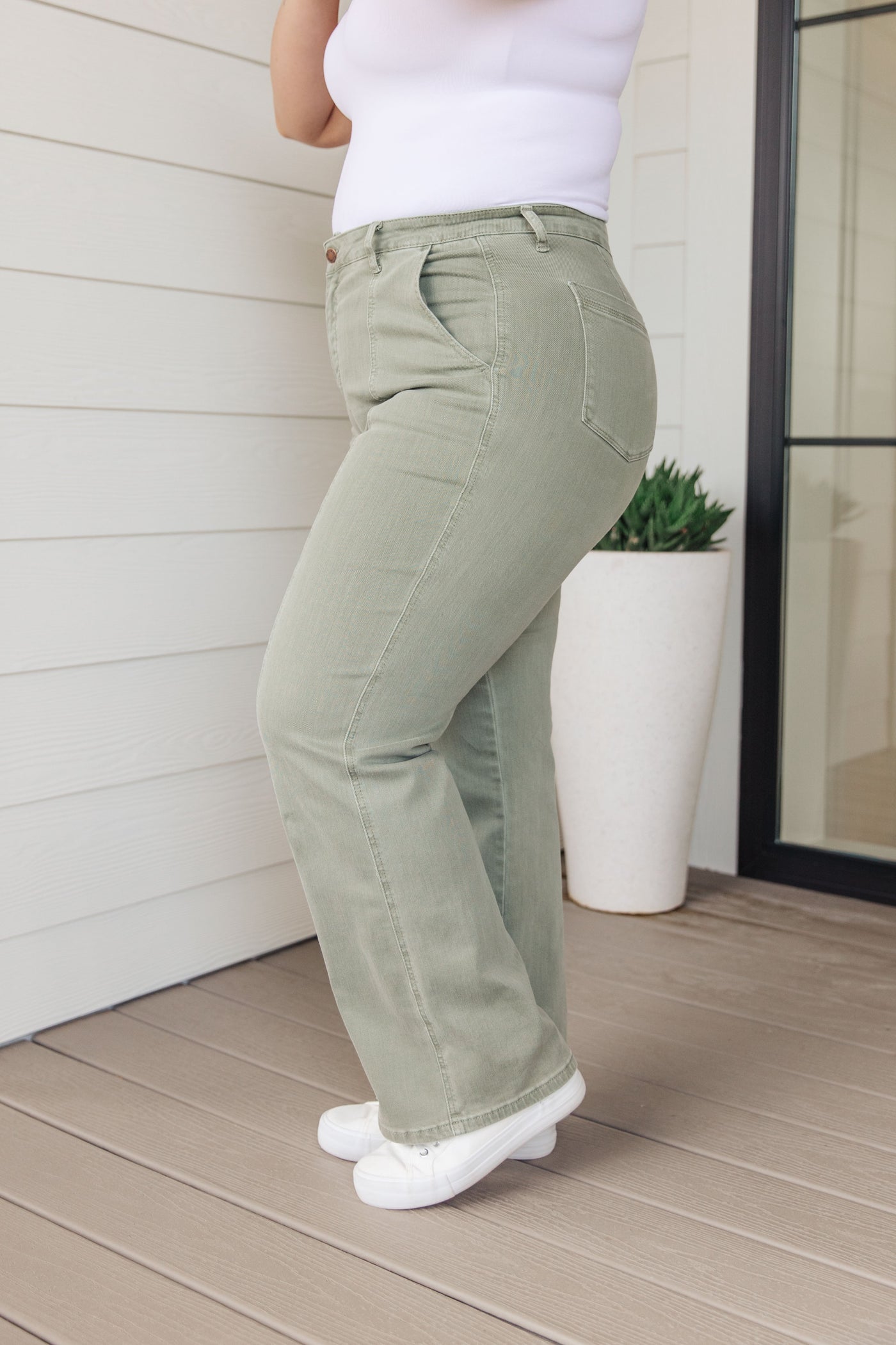 Phoebe High Rise Front Seam Straight Jeans in Sage