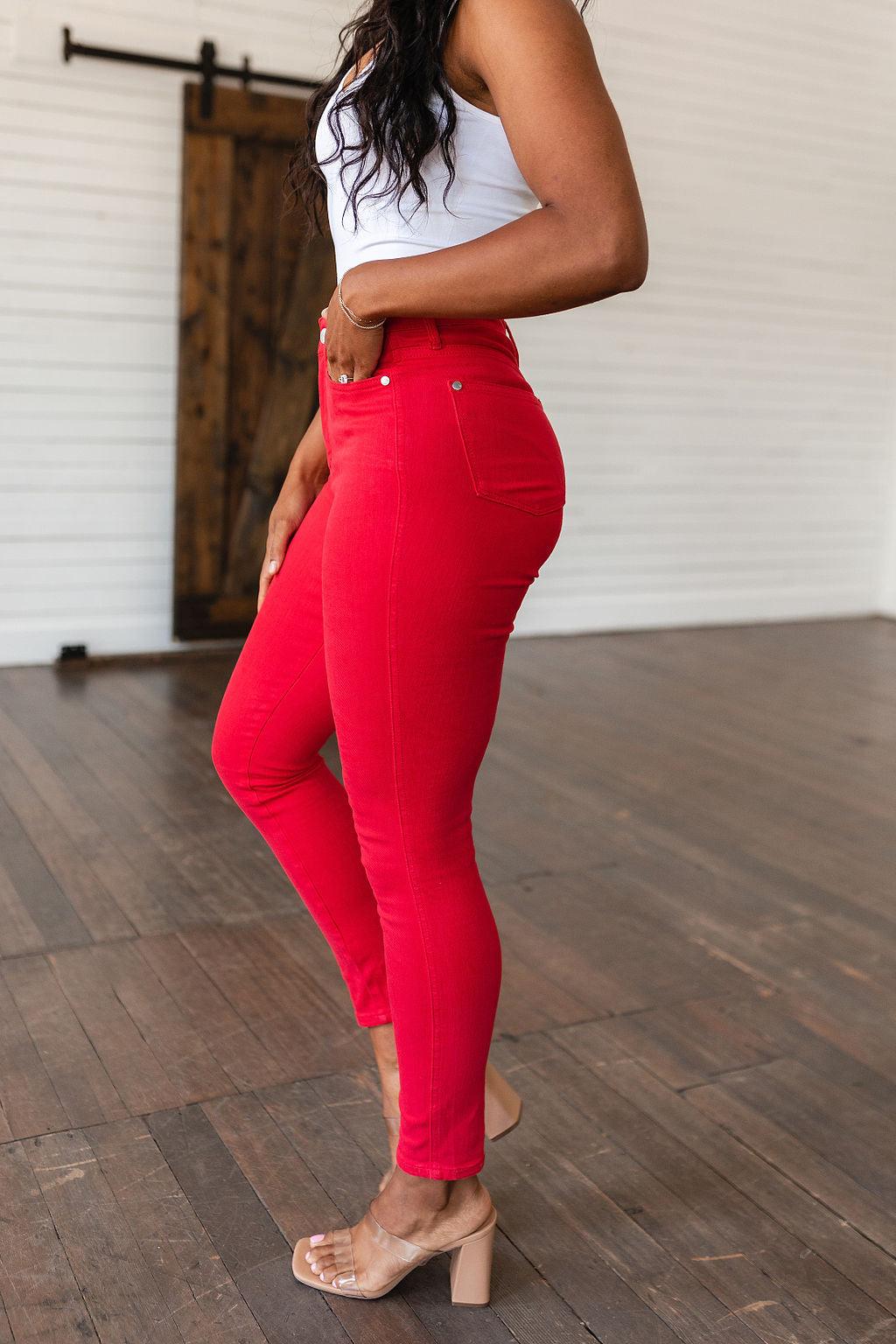 Ruby High Rise Control Top Garment Dyed Skinny Jeans in Red - Kash's Boutique