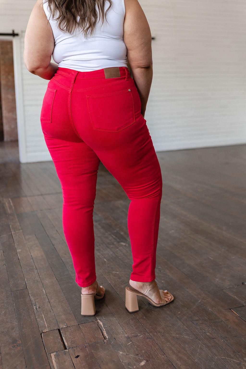 Ruby High Rise Control Top Garment Dyed Skinny Jeans in Red - Kash's Boutique