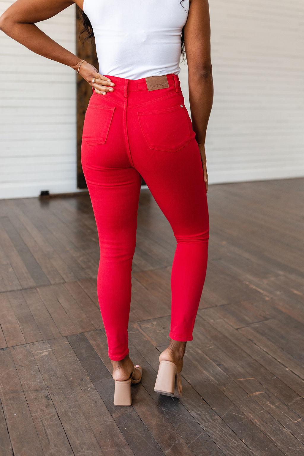 Ruby High Rise Control Top Garment Dyed Skinny Jeans in Red - Kash's Boutique