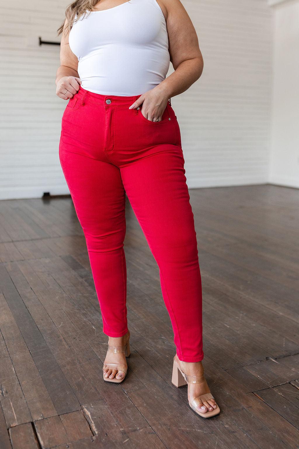 Ruby High Rise Control Top Garment Dyed Skinny Jeans in Red - Kash's Boutique