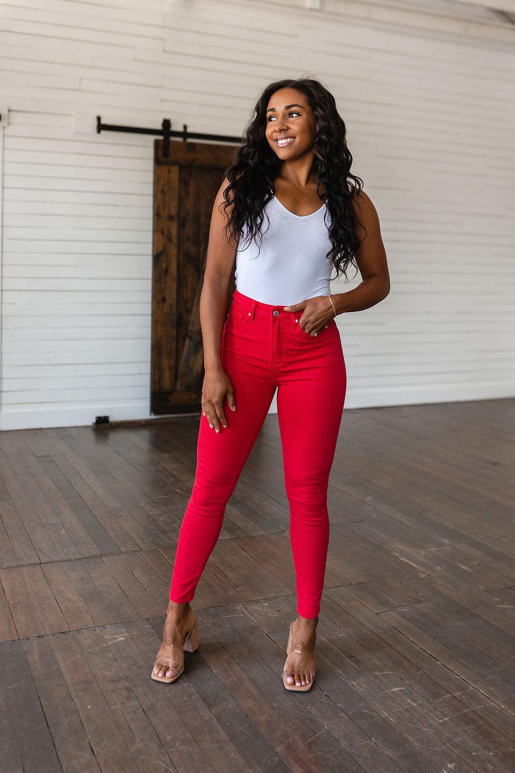 Ruby High Rise Control Top Garment Dyed Skinny Jeans in Red - Kash's Boutique