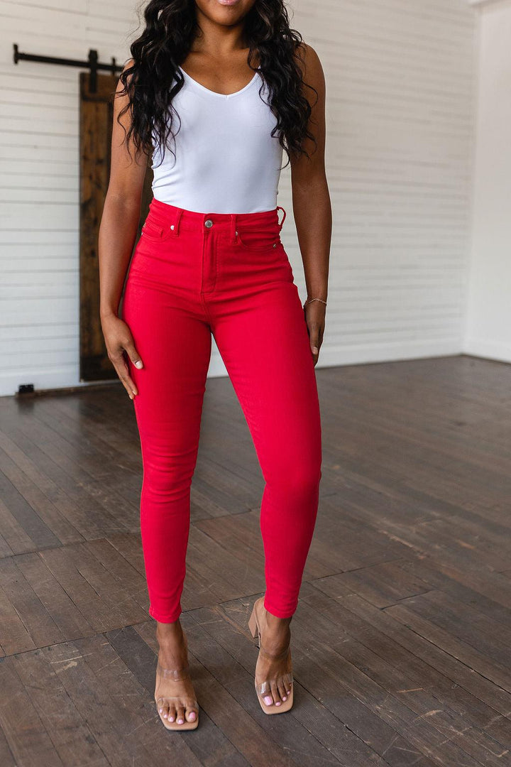 Ruby High Rise Control Top Garment Dyed Skinny Jeans in Red - Kash's Boutique